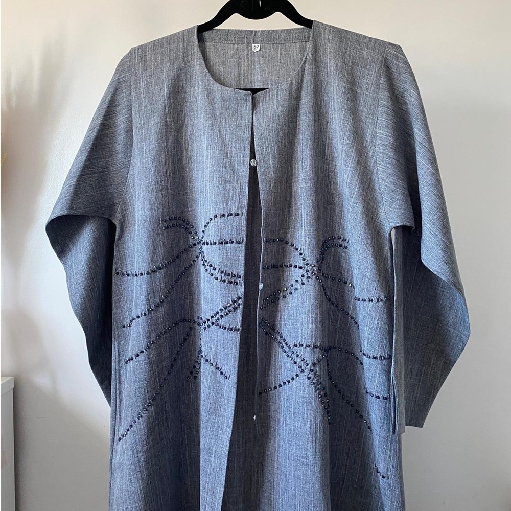 Elegant Denim Blue Gray Beaded Open Front Abaya